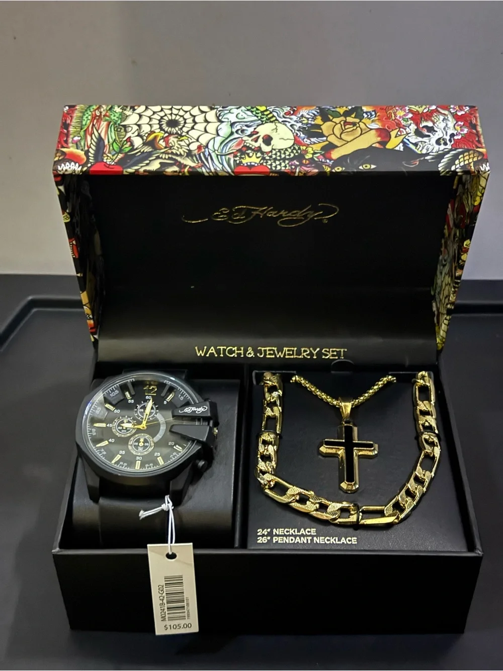 Ed Hardy Black and Gold Watch with Gold Cross Necklace Set